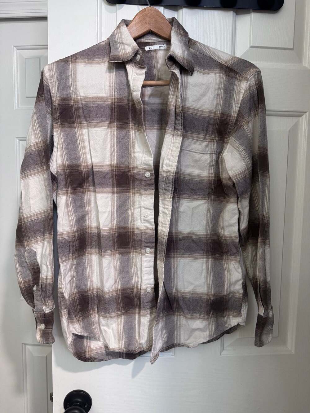 GU Brown White Plaid Long Sleeve Button Up Flannel Shirt